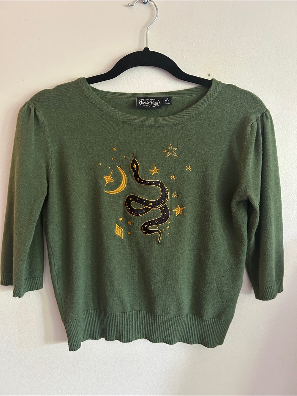 Voodoo Vixen Green Sweater with Gold Snake Embroidery